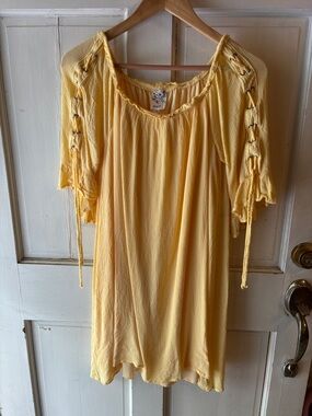 NAIF Pale Yellow Lace-Up Sleeve Boho Tunic Dress